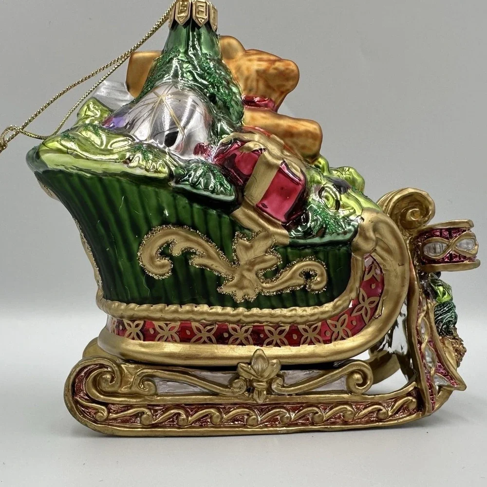 Fitz And Floyd Glass Christmas Tree Sleigh Ornament Teddy Bear Gifts Green Box‎